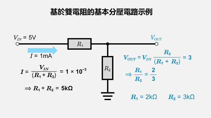 基於雙電阻的基本分壓電路示例